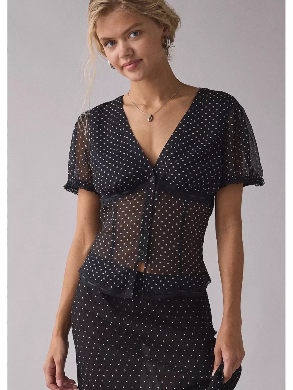 Urban Outfitters Mitchelle Semi-Sheer Polka Dot Chiffon Puff Sleeve Blouse Sz M